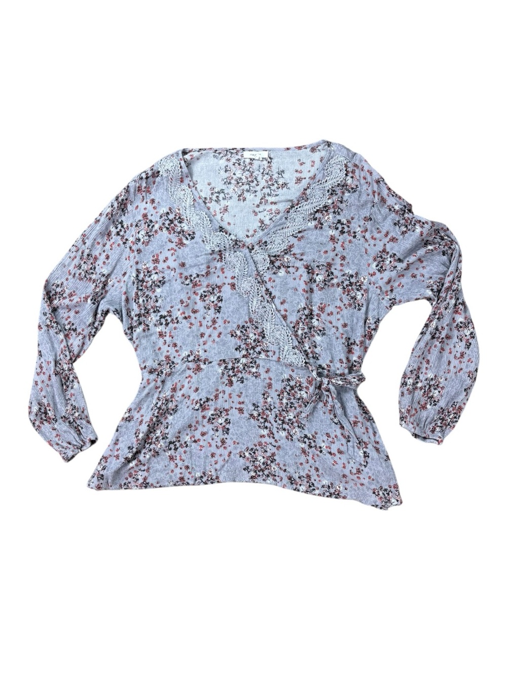 Woman’s Maurices floral faux wrap lace trim long sleeve blouse size XXL